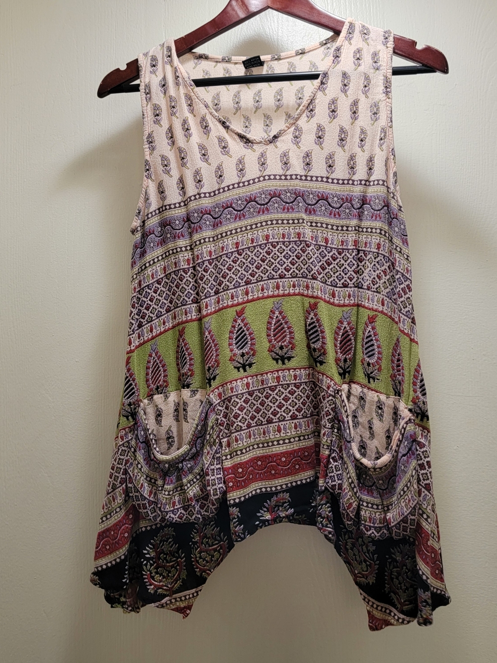 Boho Printed Sleeveless Tank Top in Cream and Green